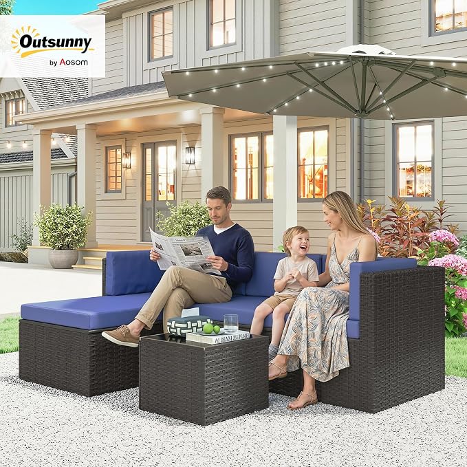 Outsunny 3 Piece Patio Furniture Set, Wicker Rattan Outdoor Patio Conversation Furniture Set with Cushions, Glass Top Coffee Table, Deep Seating for Garden, Backyard, Porch, Navy Blue