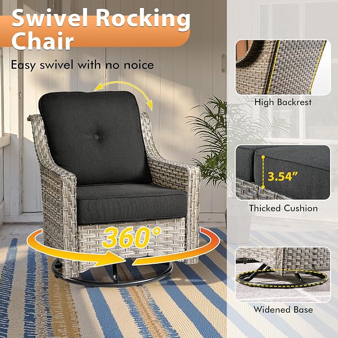 9 PCS Outdoor Patio Furniture Sets,Patio Conversation Sets Outside Rattan Soft Cushion Sofa with 2 Wicker Rocking Chairs & 54 in Fire Pit Table Fit Backyard Porch Garden Poolside Balcony,Black