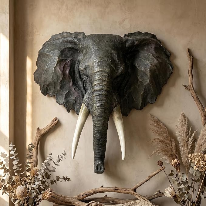 Elephant Head Wall Decor, 16 Inch | Large Resin, Faux Taxidermy Animal Mount Sculpture, Lifelike 3D Wildlife Statue, Safari Themed Rustic Cabin