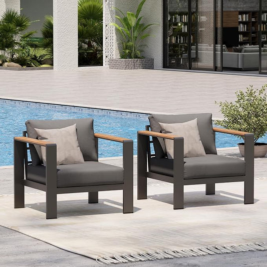 Aluminum Outdoor Patio Furniture Armchair, All-Weather Outdoor Patio Sofa with Washable Thick Cushion, Patio Sofa Couch Set of 2 for Porch, Balcony, Deck, Yard, Graphite