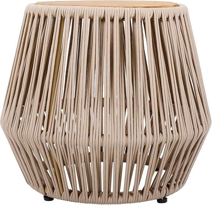 Merax Bohemian Round Outdoor Side Table with Acacia Wood Top and Beige Handwoven Rope Base, Boho Patio Coffee Table for Garden, Pool, Deck, Balcony, Yard