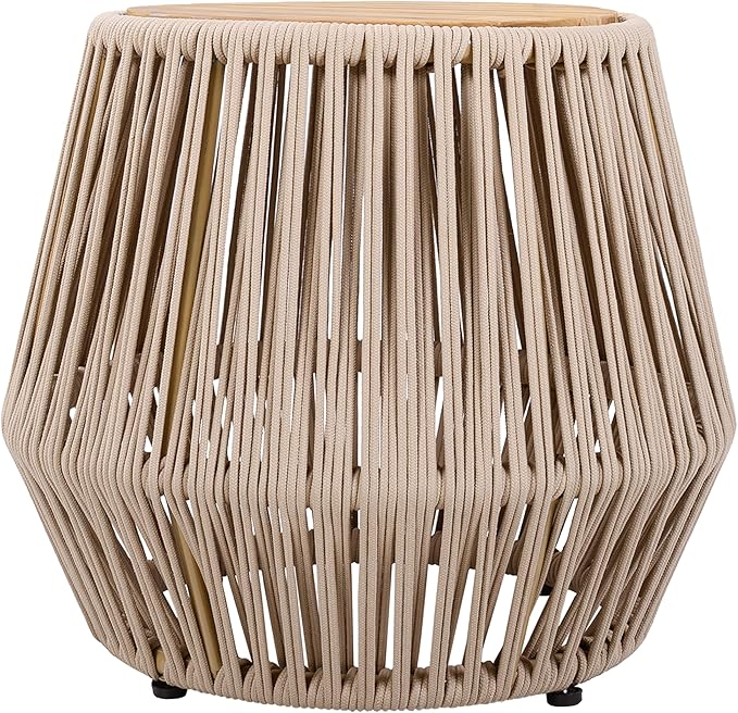 Polibi Outdoor Side Table with Handwoven Rope Base, Weather-Resistant Outdoor/Indoor Accent Table for Patio, Garden, Coastal & Bohemian Decor (Beige + Light Teak)