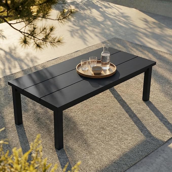 8 Piece Patio Furniture Set, HDPE Sectional Sofa Seating for 7, Includes 3-Seat Sofa, Loveseat, 2 Armchairs, Coffee Table, All-Weather Outdoor Conversation Set with Olefin Fabric, Black/Grey