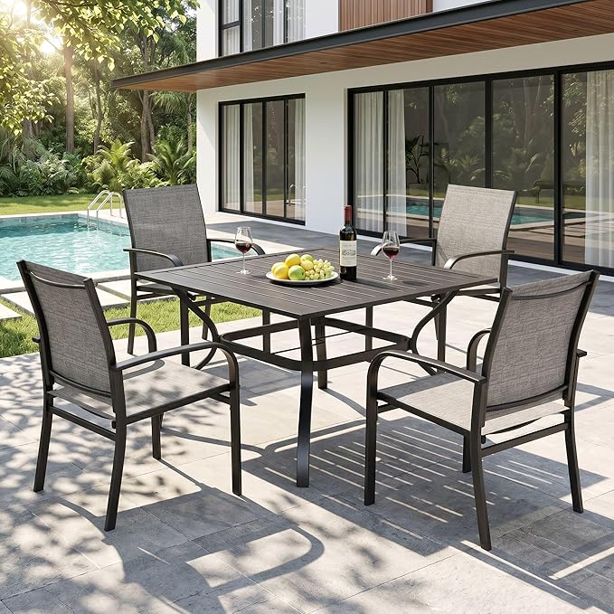 HERA'S HOUSE 5pc Patio Dining Set for 4, Outdoor Metal Table & Brown Chairs | Textilene chairs + 37" square table with umbrella hole. Waterproof, rust-resistant, all-weather for backyard, porch