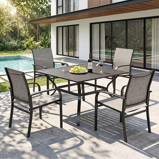 HERA'S HOUSE 5pc Patio Dining Set for 4, Outdoor Metal Table & Brown Chairs | Textilene chairs + 37" square table with umbrella hole. Waterproof, rust-resistant, all-weather for backyard, porch