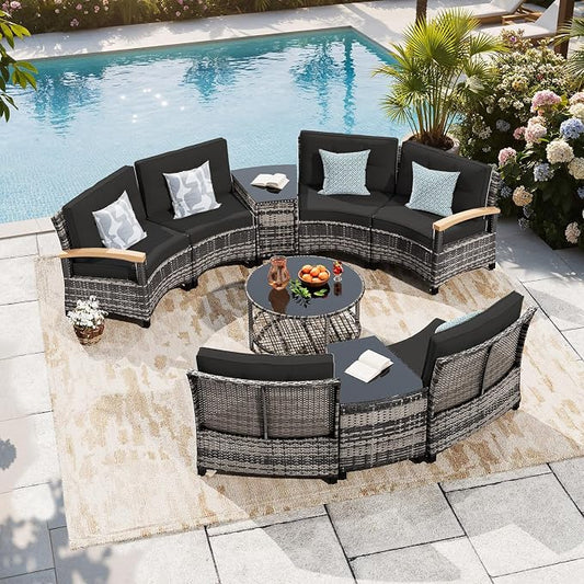 MEISSALIVVE 9-Piece Half-Moon Curved Outdoor Patio Furniture Set, Sectional Conversation Sofa with Wood Armrests, Coffee & Side Tables for Backyard Deck Garden, Black