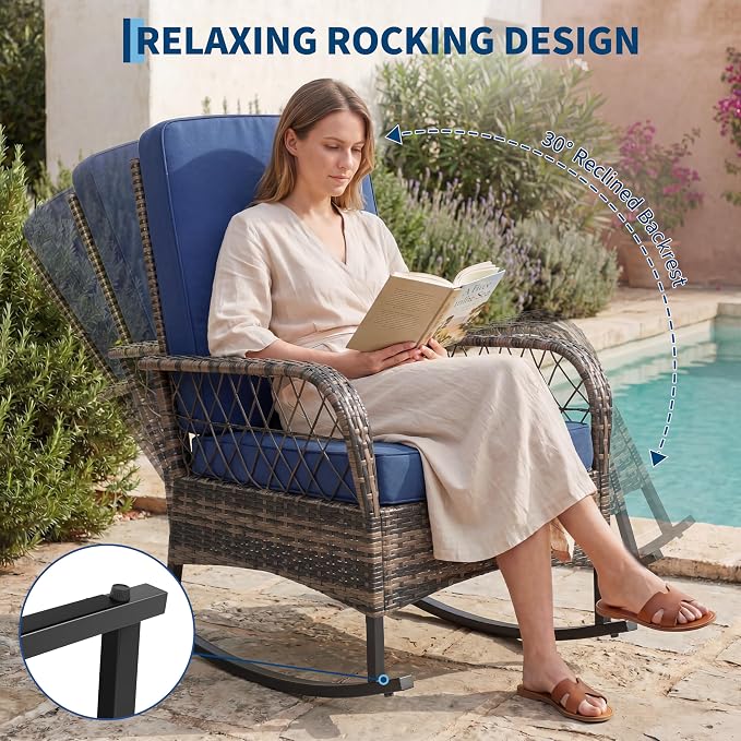 IDEALHOUSE 3 Piece Wicker Patio Rocking Chair Set, Outdoor Rattan Conversation Set with Coffee Table & Blue Cushions, All-Weather Bistro Furniture for Porch Garden and Balcony