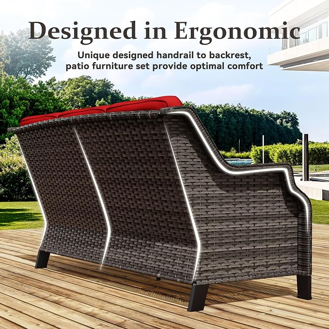 3 Pieces Patio Furniture Set, Outdoor Furniture Set with 1 Wicker Sofa, 2 PE Rattan Ottoman, Thick Cushions, Ideal for Backyard, Garden, Poolside, Red