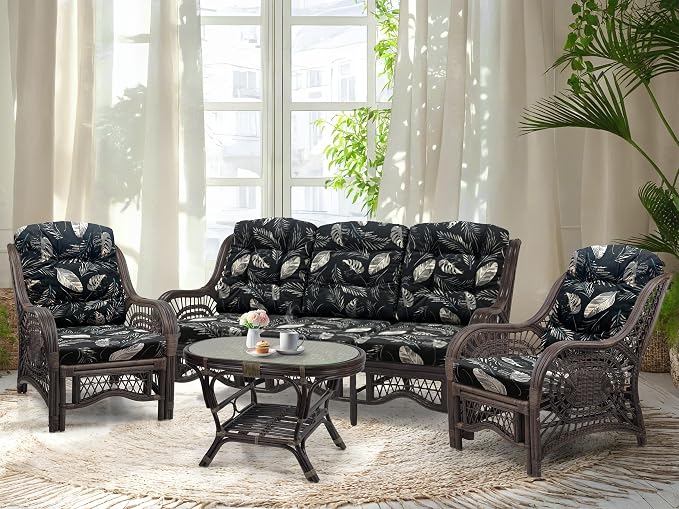 Malibu Lounge Set of 4: 2 Natural Rattan Wicker Chairs, Three-Seater Sofa and Coffee Table with Glass Handmade, Dark Brown Color with Black Leaf Cushions