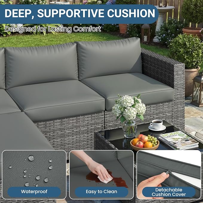 Wisteria Lane 5-Pieces Outdoor Patio Furniture Set, All Weather Wicker Rattan Sectional Sofa, Patio Conversation Set with Cushions & Glass Coffee Table for Backyard Porch Garden Balcony, Grey