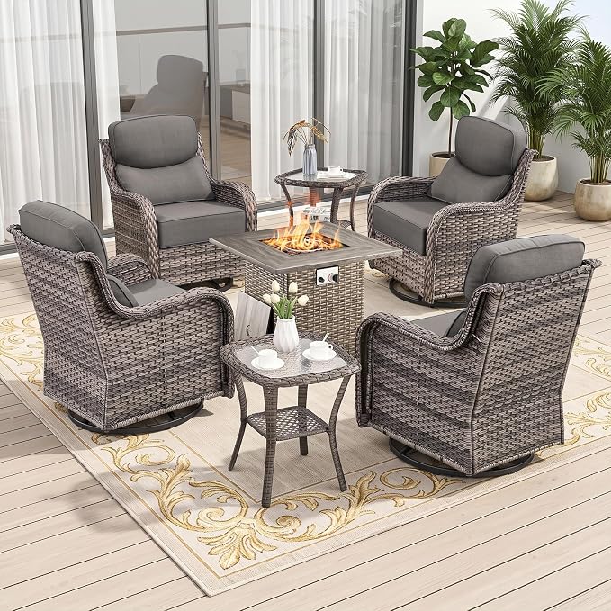 Luxury 7 Piece Wicker Patio Furniture Set with Swivel Rocker and 30“Fire Pit Table - Grey