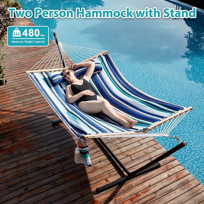 Homgava Two Person Hammock with Stand for Outside Heavy Duty, Outdoor Patio Hammock with Portable Steel Stand, Large Double Hammocks,480lbs Capacity.(Blue Stripes)