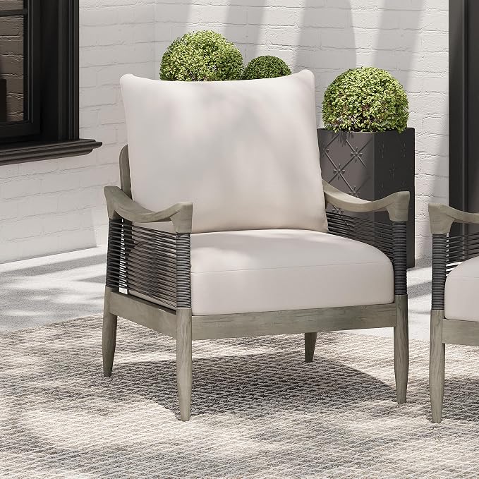 Merax Acacia Wood Patio Club Chair, Woven Rope Armchair with Cushion | Acacia wood frame, woven rope design, thick water-repellent cushion and deep seating for porch, garden, backyard or balcony