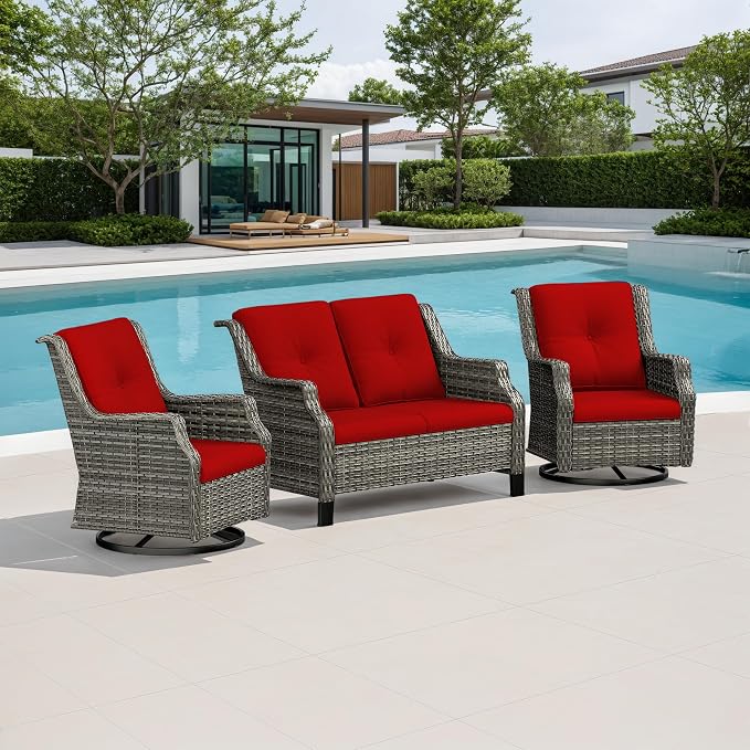 3 Piece Patio Furniture Set, 2-Seater Loveseat and 2 Swivel Glider Chairs Outdoors, Rattan Conversation Set with Deep Seating and Olefin Cushions, for Backyard, Garden, Red