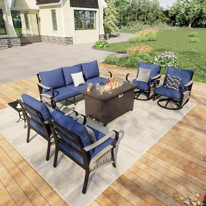 7 Pieces Modern Patio Furniture Set, All Weather Metal Outdoor Conversation Sets with Fire Pit Table for Backyard Garden Deck Porch Poolside, Blue