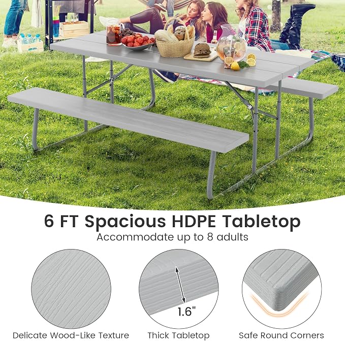 Giantex 6 FT Folding Picnic Table Bench Set- Outdoor Dining Set for 8 Persons w/All-Weather HDPE Tabletop, Metal Leg, Large Outside Dining Table for Lawn Patio Garden Yard Poolside, Grey