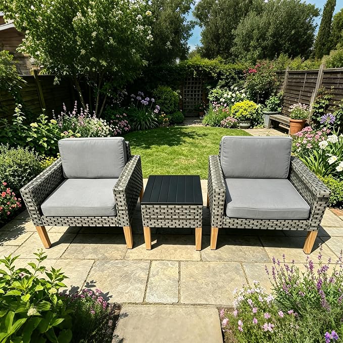 DECMICO 3 Piece Rattan Conversation Bistro Set, Outdoor Wicker Patio Furniture Set, All-Weather PE Rattan Chairs with Cushions for Backyard, Balcony, Garden, Dark Gray