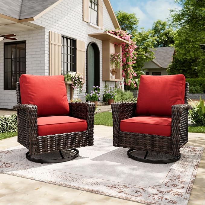 MIXPATIO Swivel Patio Wicker Chairs Set of 2, High Back Outdoor Swivel Patio Rattan Chairs with 5.5" Thick Cushions for Bistro Balcony Porch Deck and Yard, Red
