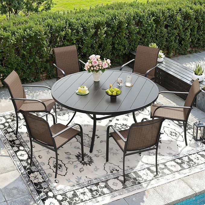 DIFY Patio Dining Set for 6, 7 Piece Outdoor Table and Chairs Set, 50" Black Round Metal Patio Dining Table and 6 Brown Textilene Stackable Patio Chairs, for Backyard Garden Poolside