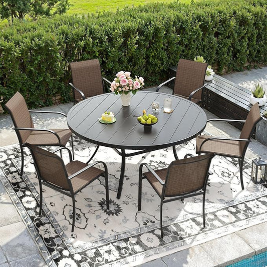 DIFY Patio Dining Set for 6, 7 Piece Outdoor Table and Chairs Set, 50" Black Round Metal Patio Dining Table and 6 Brown Textilene Stackable Patio Chairs, for Backyard Garden Poolside