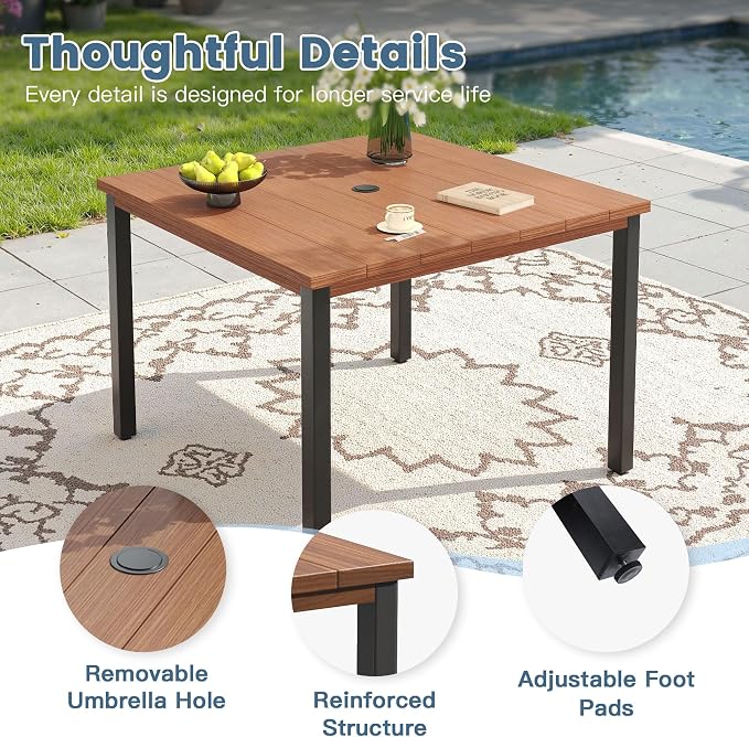 DIFY 40.2" Square Outdoor Dining Table for 4, Slatted Metal Patio Table with Adjustable Umbrella Hole, All-Weather Patio Dining Table for Garden Backyard Deck, Walnut Tabletop