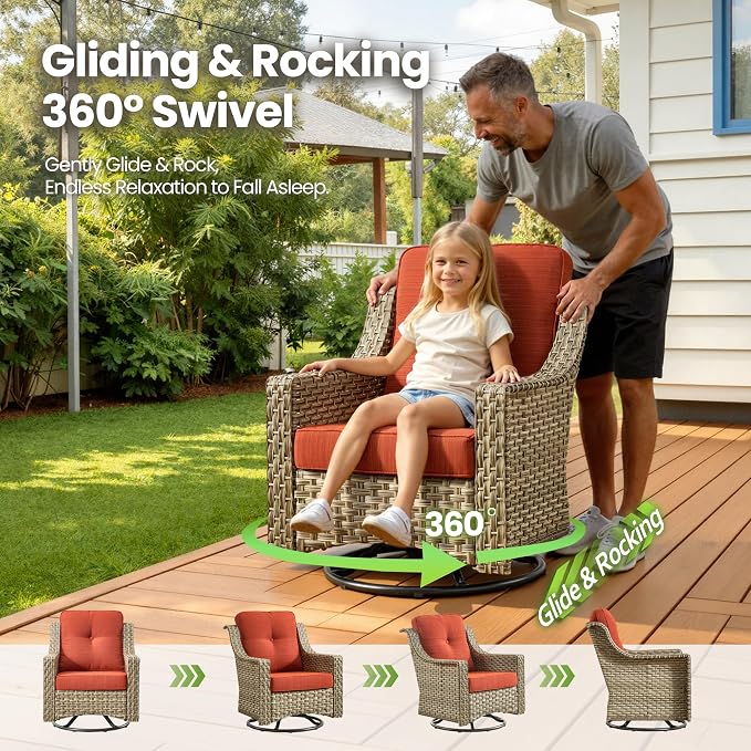3 Piece Patio Furniture Set, Outdoor High Back Swivel Rocker Chairs Set of 2 with Side Table, All Weather Wicker Glider Chair with Thick Cushions for Backyard Balcony Porch, Orange