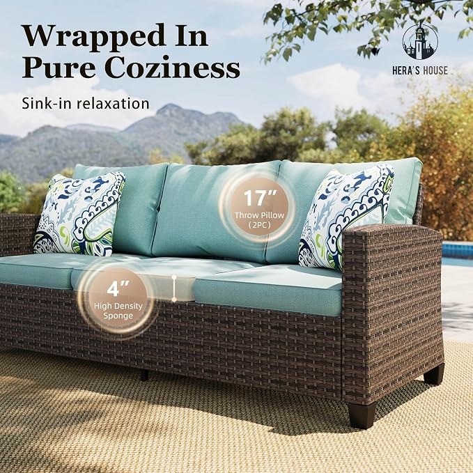 HERA'S HOUSE Swivel Glider Patio Furniture Set with Fire Pit Table, 6 Pieces Outdoor Seating Furniture Wicker Conversation Sets for Deck Backyard Lawn, Blue