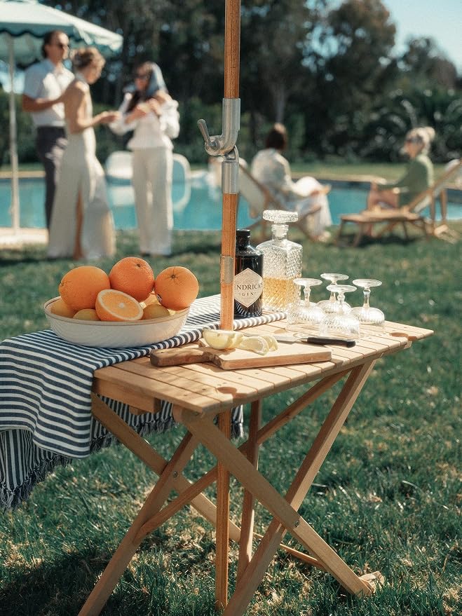 Business & Pleasure Co. Tall Folding Picnic Table - Perfect Outdoor Table for Picnics and Hosting - 4 Wine Glass Holders - Umbrella Hole - Premium Teak Hardwood