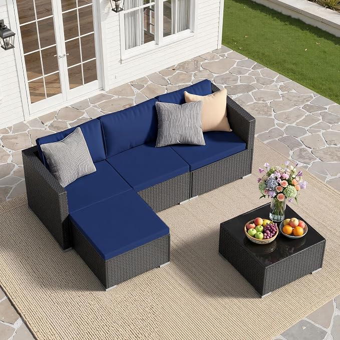 Patio Furniture Set - All-Weather -5 Piece Outdoor Patio Conversation Couch Sets, Modular Wicker Rattan Sectional Sofa for Garden, Patio, Poolside, Backyard, Balcony, Porch,Navy Blue