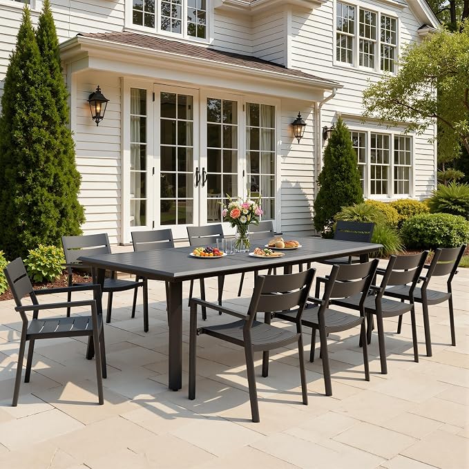 Aluminum Stackable Outdoor Dining Chairs Set of 2 | Modern Black Patio Armchair with Slat Back for Garden, Poolside, Backyard & Porch