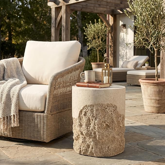 Outdoor MGO Side Table, Rugged Coral-Texture Round Accent Table, Beige Neutral Finish, Lightweight & Sturdy Patio, Balcony, Poolside, Bohemian & Coastal Homes, Fully Assembled