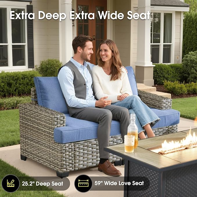 Wicker Patio Furniture Set with Swivel Chairs, 6 Pieces Outdoor Sectional with Glowing Coffee Table, Out Door Furniture Conversation Set, Denim Blue