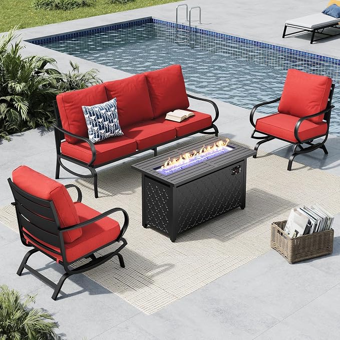 MFSTUDIO 4 Piece Patio Conversation Sets, All Weather Metal Frame Outdoor Furniture Set Patio Sofas with 1 x 45 Rectangular Fire Pit Table, 1 x 3-Seat Sofa, 2 x Rocking Chairs, Burgundy Red Cushion