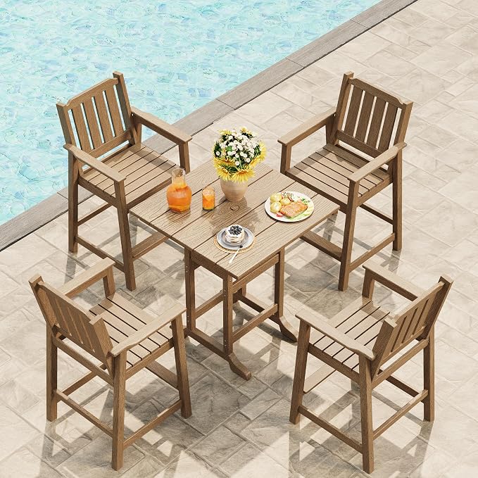GAOMON Square Outdoor Bar Height Table, Patio Tall Side Bistro Table with Umbrella Hole, Weather Resistant High Top Dining Table for Backyard, Garden, Deck, Porch, Brown