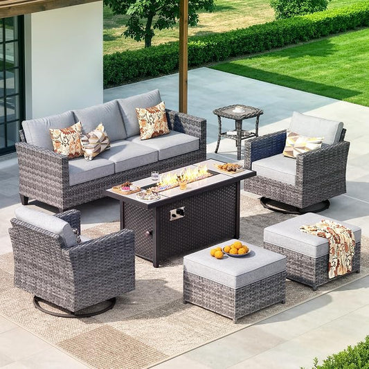 CAODOC 7-Piece Outdoor Wicker Patio Set with 7 Seats, Including 53" Fire Pit - Swivel Rocker Chairs and Conversation Set for Backyard or Lawn, Gray Rattan with Waterproof Dark Gray Cushions