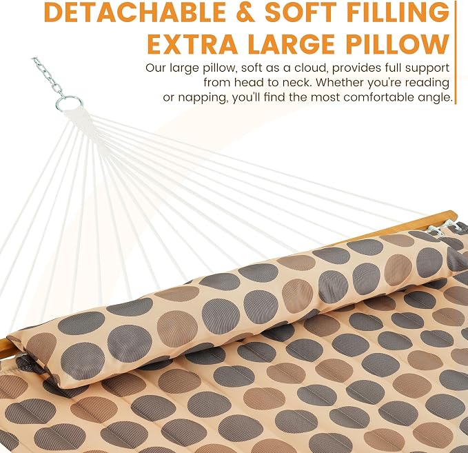 Lazy Daze Hammocks 12FT Quilted Fabric Hammock with Soft Pillow, Double 2 Person Tree Hammock with Spreader Bar for Outside Patio Poolside Backyard Beach, 450 lbs Capacity, Amber Dots