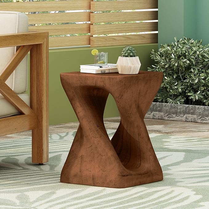 Faux Concrete Side Table Outdoor Faux Stone End Table, Round Outdoor Accent Tables, Garden Stool Plant Stand for Porch, Backyard, Brown, 11.75" x 11.75" x 16"