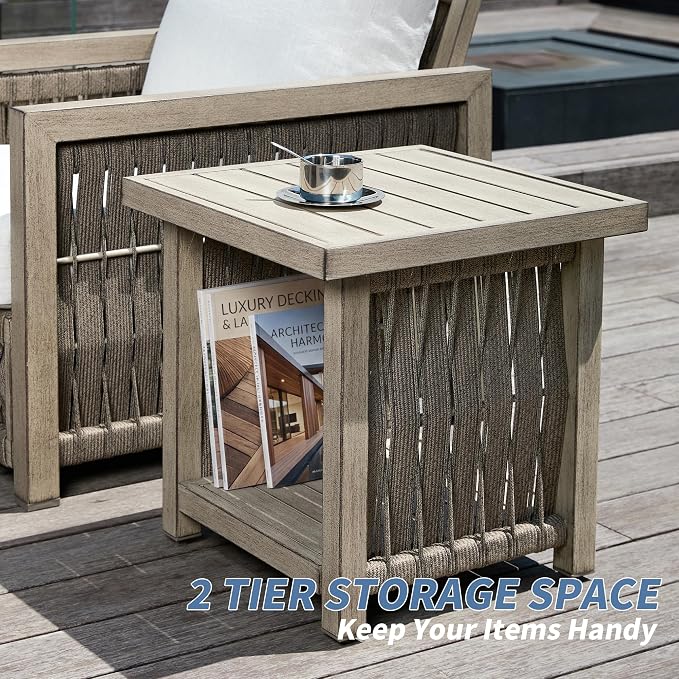 3 Pieces Patio Furniture Set, Outdoor Patio Sofa Set with 2 Swivel Chair & Side Table, All-Weather Aluminum Garden Outdoor Contemporary Sofa Chair with Cushion for Porch Yard Deck, Gray Oak