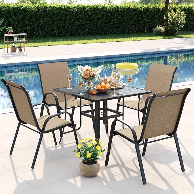 Amopatio 5 Pieces Outdoor Dining Set for 4, Patio Table and Chairs, 4 All Weather Stackable Patio Chairs, 36" Patio Spliced Square Table with Umbrella Hole, for Deck, Backyard, Garden,Brown