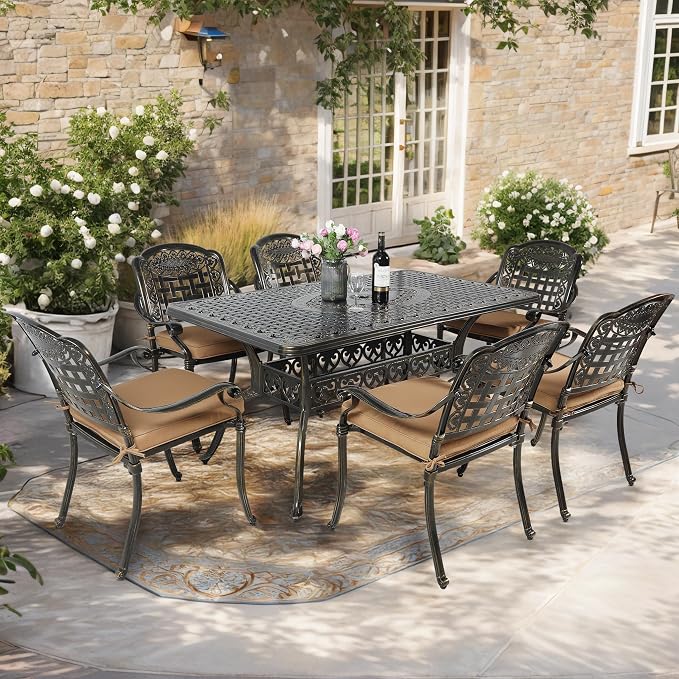 7-Piece Outdoor Patio Dining Set, 60” Rectangular Cast Aluminum Dining Table with Umbrella Hole and 6 Outdoor Dining Cushioned Chairs, Patio Funiture Set for Backyard, Patio, Garden