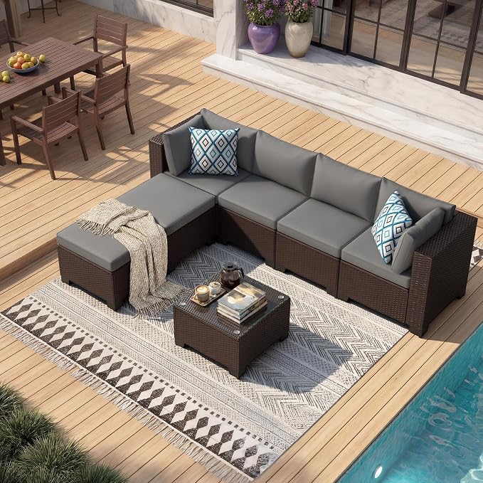 Gizoon 7 Pieces Outdoor Patio Furniture Set, All-Weather PE Rattan Wicker Sectional Sofa Seating with Waterproof Cushions and Coffee Table, Outdoor Conversation Set for Garden, Backyard, Balcony