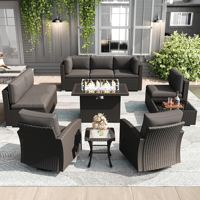 LayinSun 11 Pieces Patio Furniture Set with Fire Pit Table, Black Rattan Modular Sectional Outdoor Conversation Sofa Set, Swivel Rocking Chairs Set