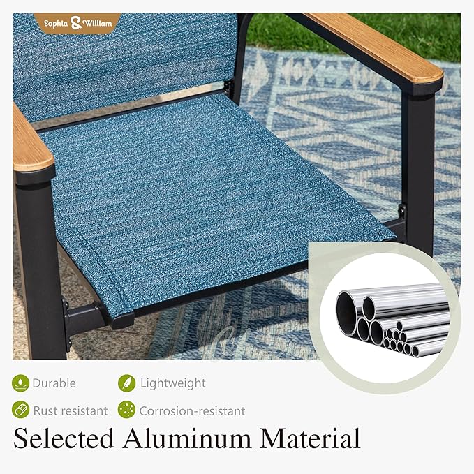 Sophia & William Round Patio Dining Set for 4 with Aluminum Chairs, Blue | Metal table, Stackable sling chairs, Breathable & quick-drying, Light-weight & space-saving, Umbrella Hole, Outdoor, 5 piece