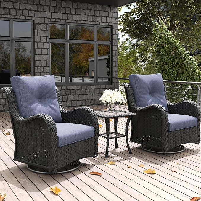 LayinSun 3 Pieces Outdoor Patio Furniture Set, Rattan Wicker Swivel Rocker Chairs Sets with Swivel Glider Chairs and Coffee Table
