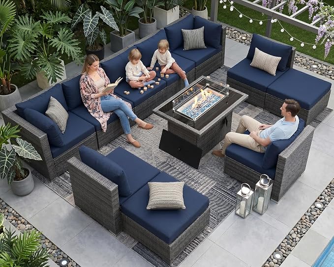 NICESOUL 11 Piece High-End Outdoor Furniture Set, 29.3'' High Back Big Size Wicker Patio Sectional, Wide Deep Comfy Conversation Sofas for Garden Deck Backyard Porch, 2 Color Cushion Navy & Grey