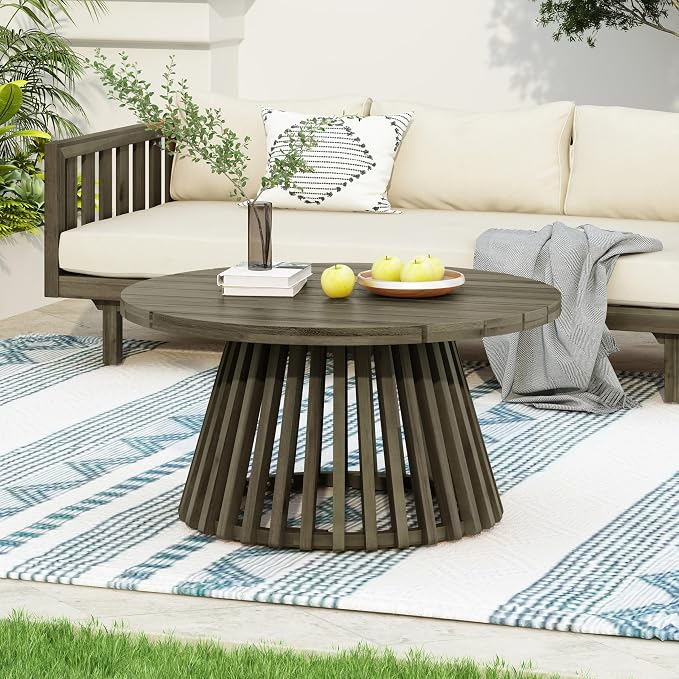 Wood Outdoor Round Coffee Table, Weather-Resistant Patio Table with Striped Base, for Garden, Deck, and Backyard, Grey