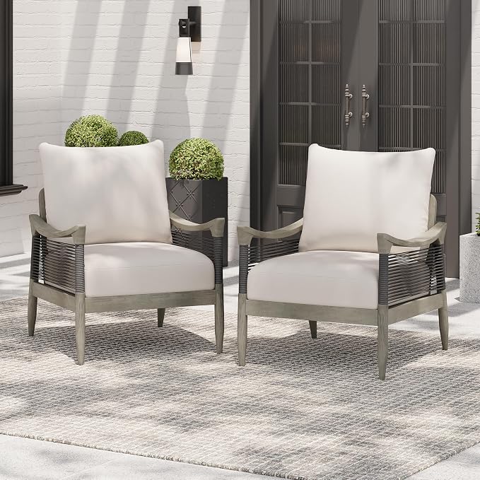 Merax Set of 2 Acacia Wood Patio Club Chairs with Cushions | Grey Acacia Frames, Dark Grey Woven Rope, 6-Inch Seat Cushions And Deep Seating For Porch, Garden, Backyard Or Balcony