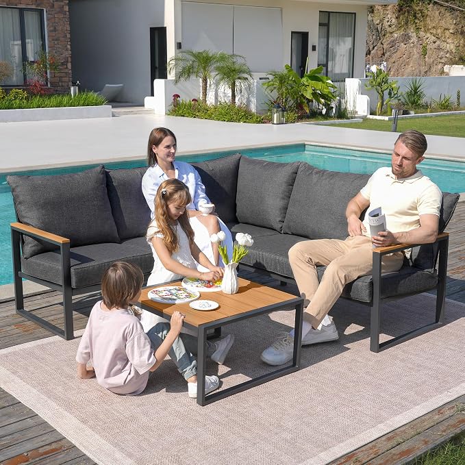Metal Patio Furniture Set, 6 Pieces Outdoor Sectional Sofa Set with Side Table, L Shape Patio Conversation Set with Faux-Wood Tabletop, Outdoor Couch for Balcony, Porch, Backyard, Grey