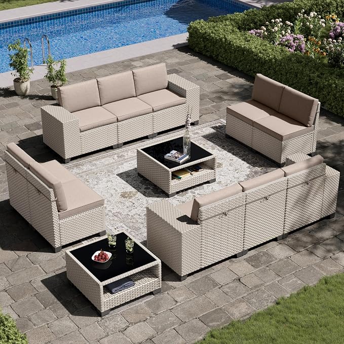 12-Piece Outdoor Patio Furniture Set, Modular Sectional Sofa Set with Glass Coffee Table and Cushions, Wicker Outdoor Couch Conversation Sets, Khaki