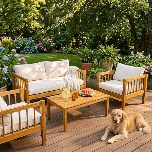 4 Piece Patio Furniture Set, Acacia Wood Modern Outdoor Conversation Set with Thick Removable Washable Cushions, All Weather Wooden Patio Seating Set for Poolside, Backyard, Balcony & Front Porch